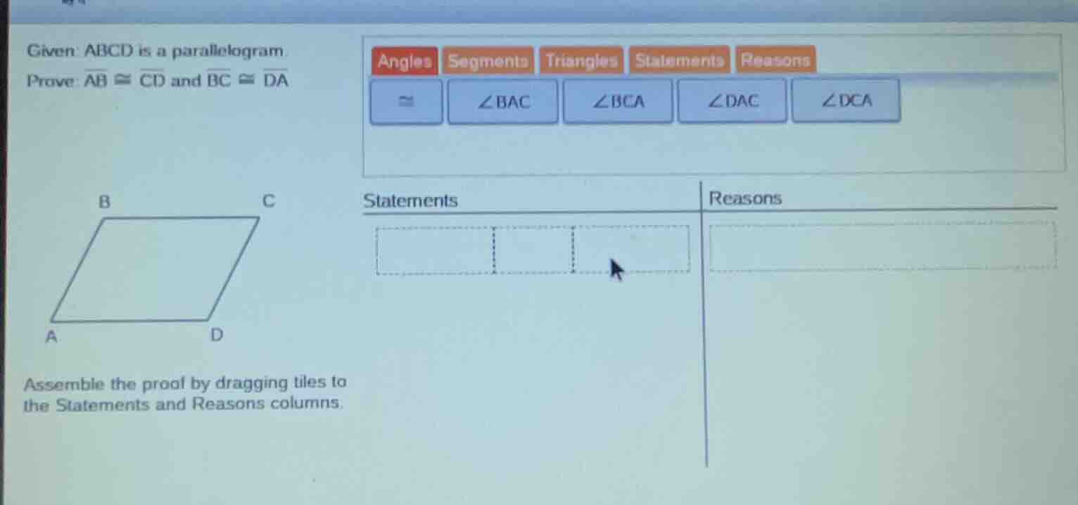 given abcd is a parallelogram. prove: \\(\\overline{ab} \\cong \\overli…