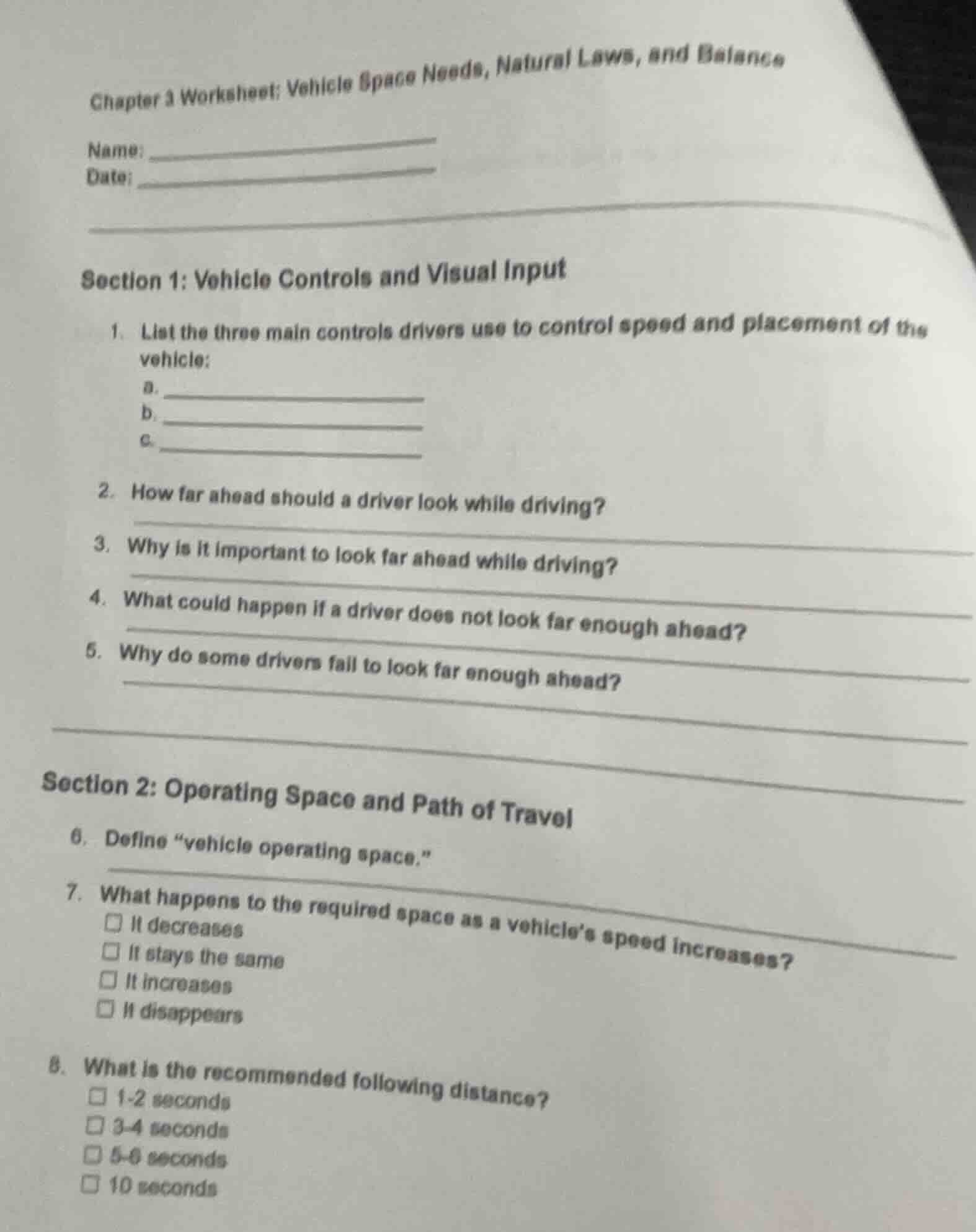 chapter 3 worksheet: vehicle space needs, natural laws, and balance nam…