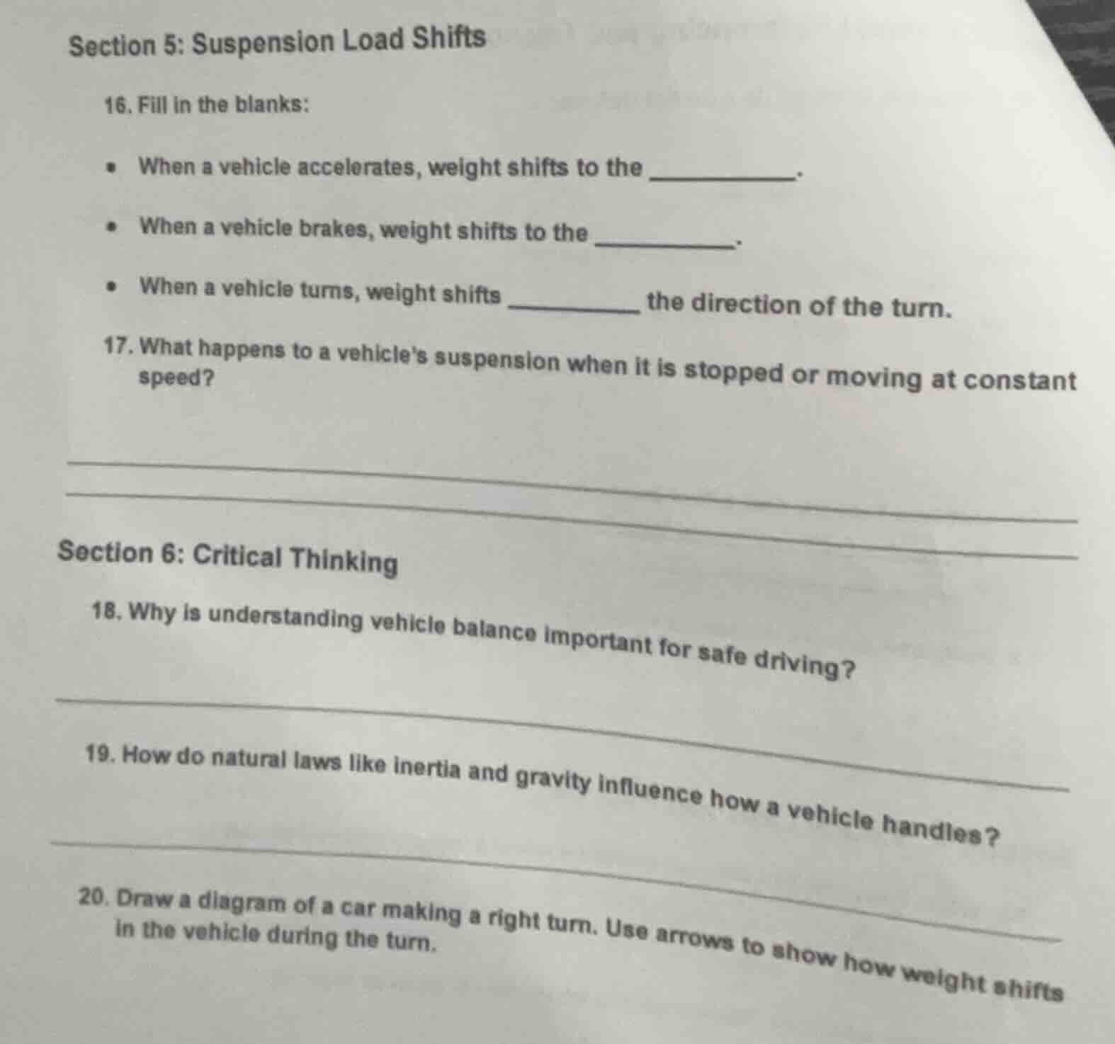 section 5: suspension load shifts 16. fill in the blanks: - when a vehi…