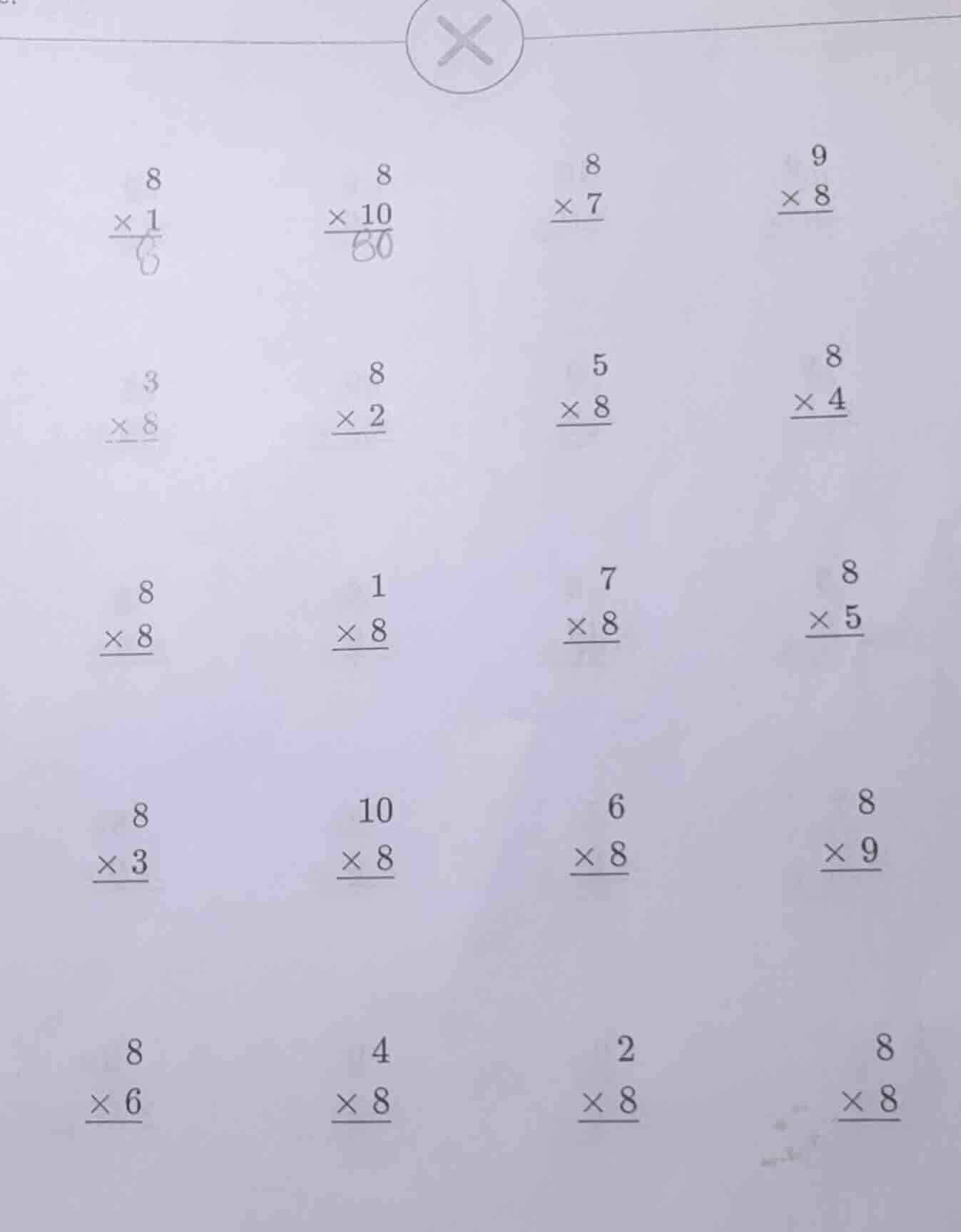 there are multiple multiplication problems like \\begin{array}{r} 8 \\\…