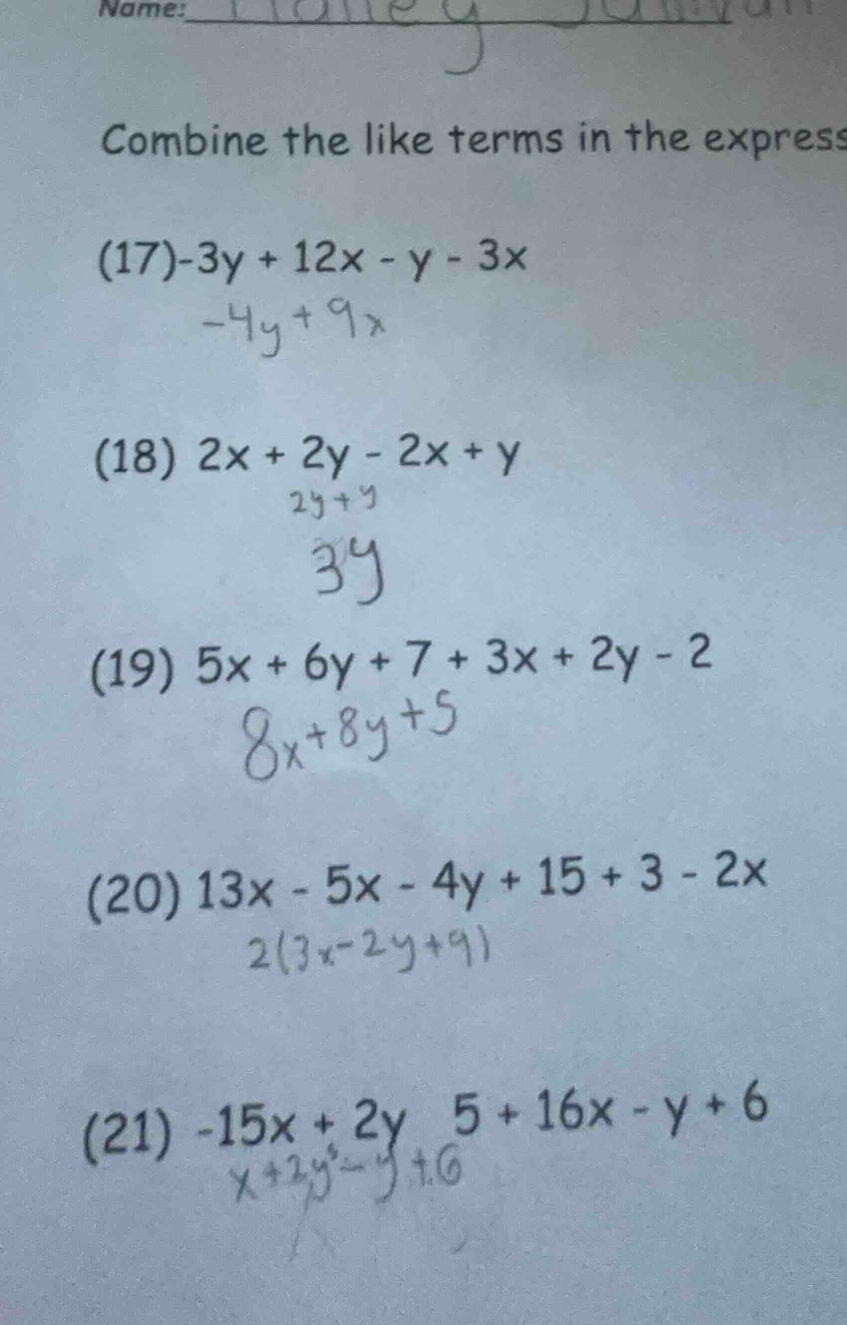 name: combine the like terms in the express (17) -3y + 12x - y - 3x -4y…
