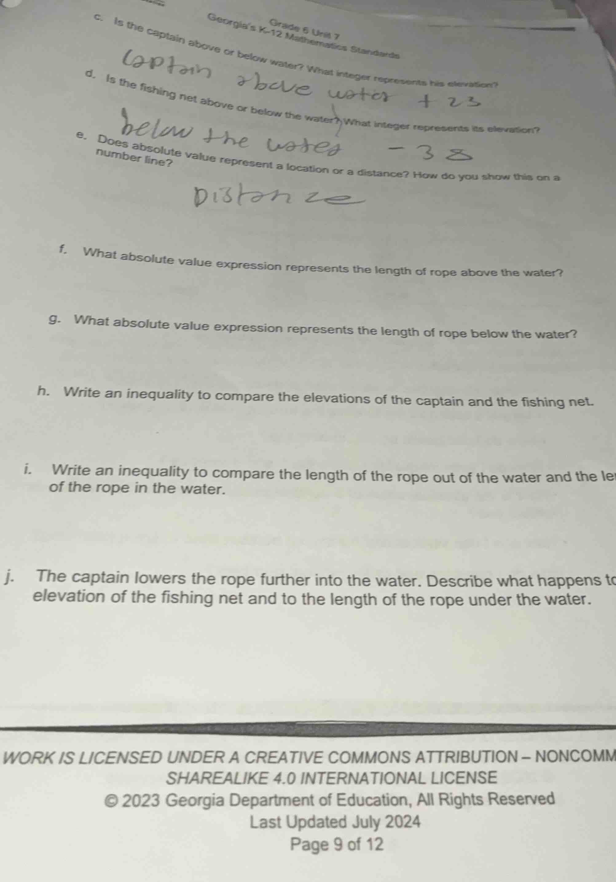 c. is the captain above or below water? what integer represents his ele…
