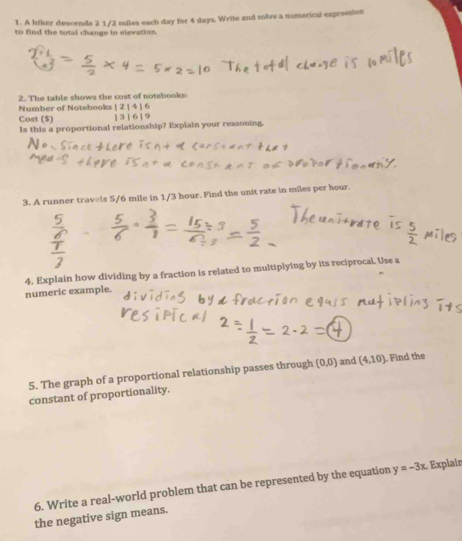 1. a hiker descends $2\\frac{1}{2}$ miles each day for 4 days. write an…