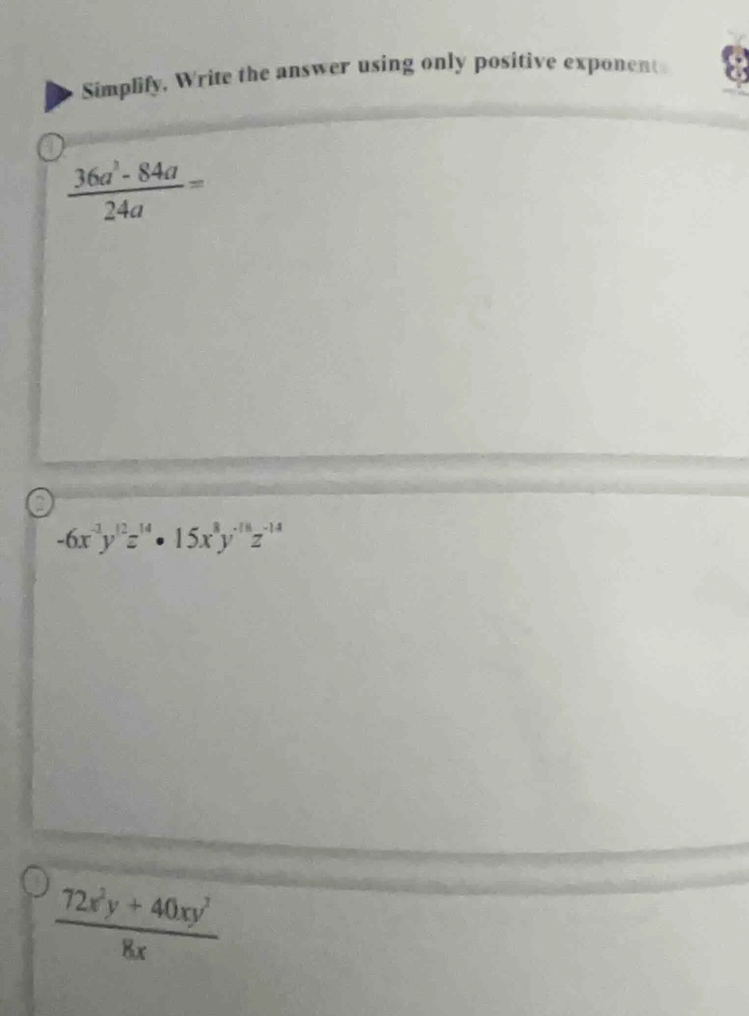 simplify. write the answer using only positive exponents 1. \\(\\frac{3…