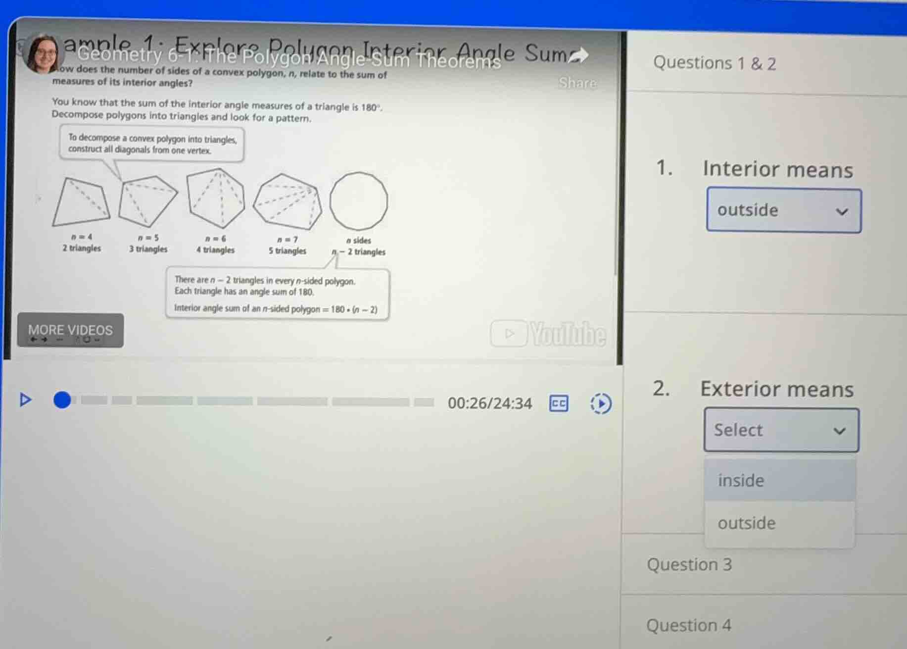 geometry 6-1: the polygon angle-sum theorems questions 1 & 2 1. interio…