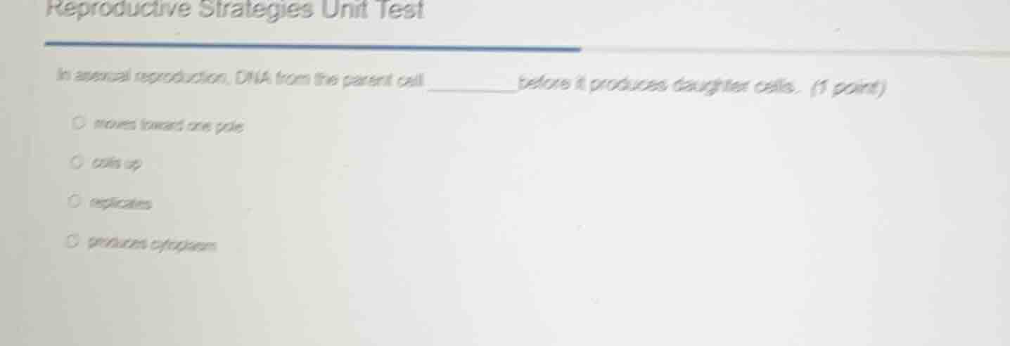 reproductive strategies unit test in asexual reproduction, dna from the…