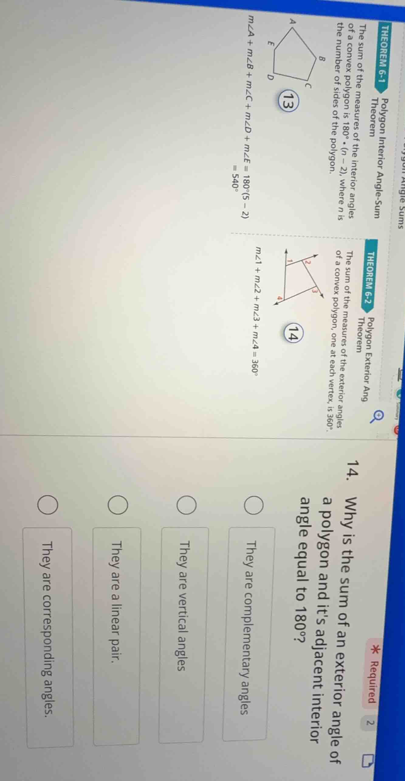 14. why is the sum of an exterior angle of a polygon and its adjacent i…