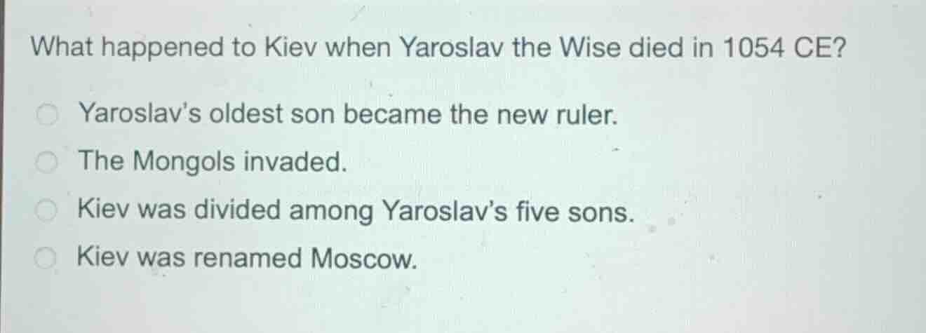 what happened to kiev when yaroslav the wise died in 1054 ce? yaroslav’…