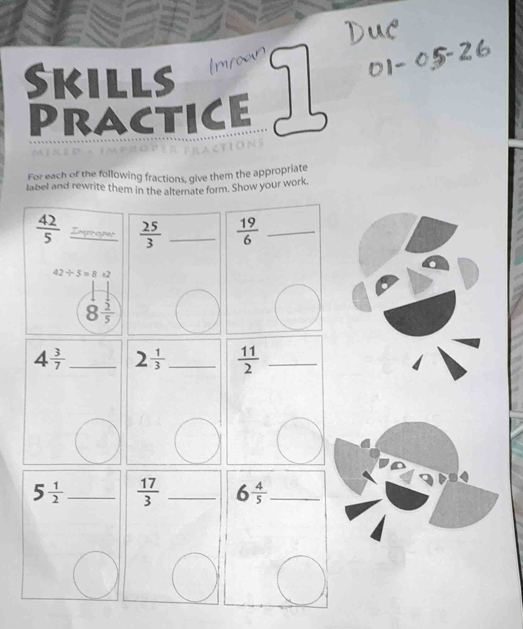skills practice 1 mixed + improper fractions for each of the following …
