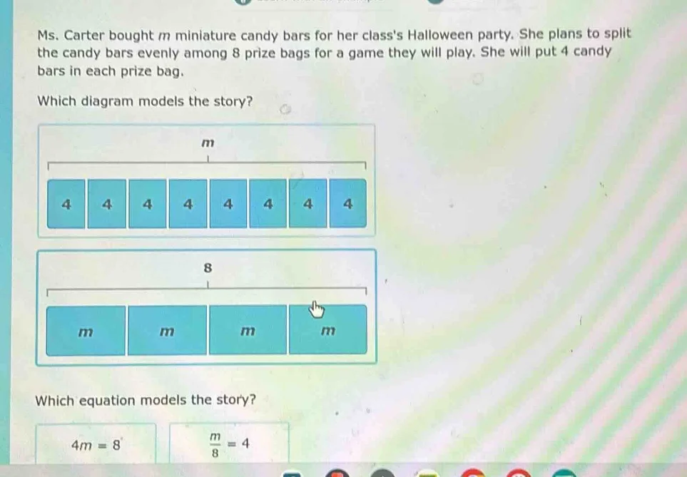 ms. carter bought m miniature candy bars for her classs halloween party…