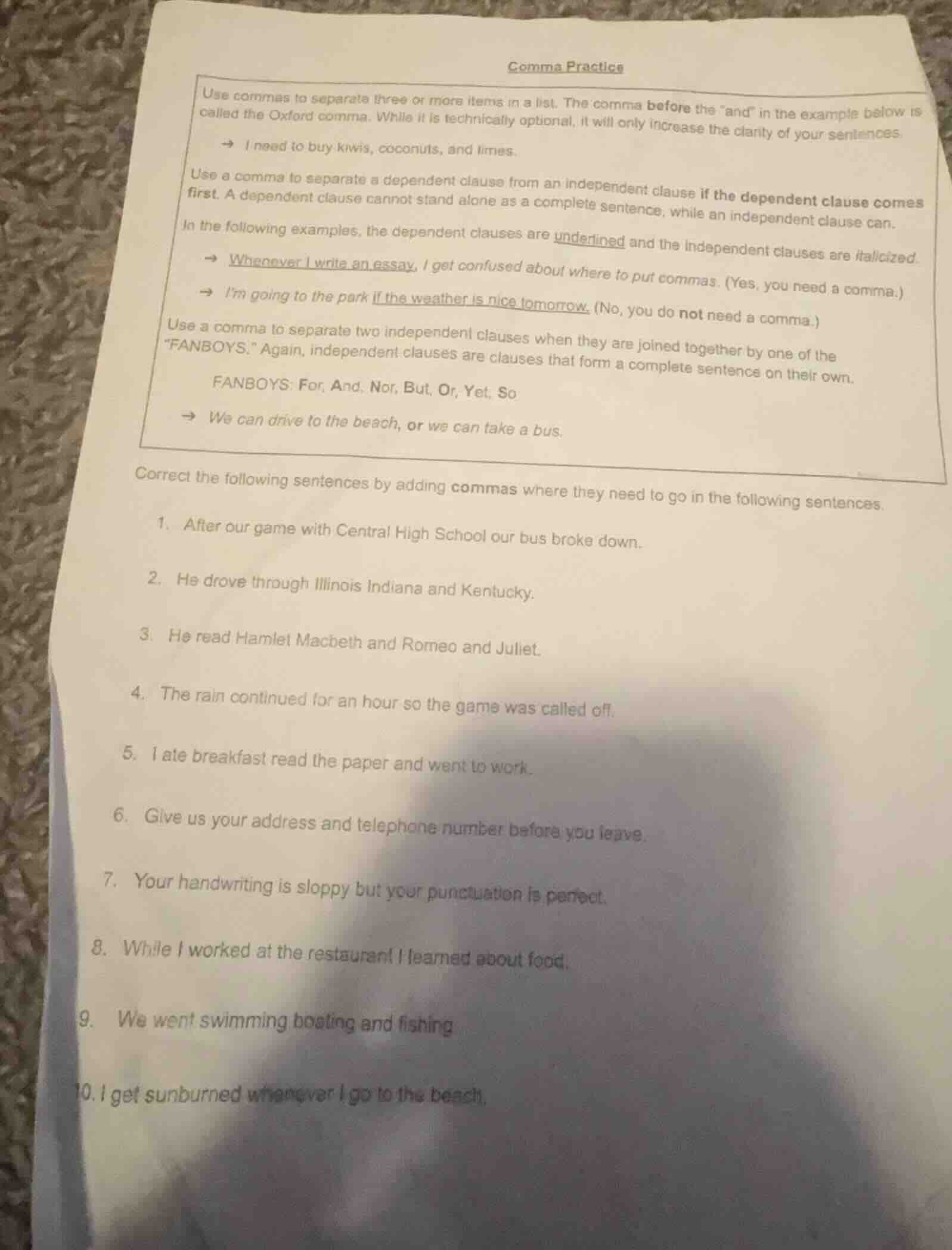comma practice use commas to separate three or more items in a list. th…