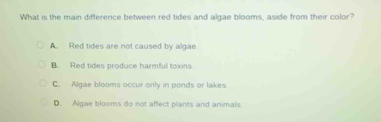 what is the main difference between red tides and algae blooms, aside f…