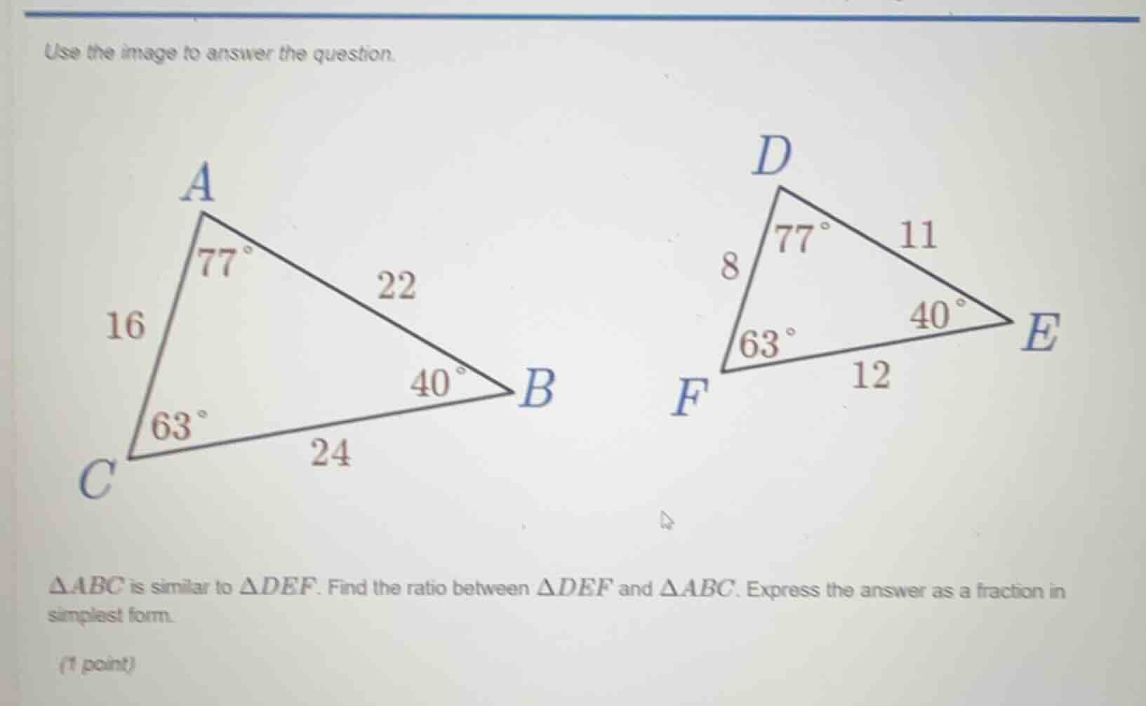 use the image to answer the question. △abc is similar to △def. find the…