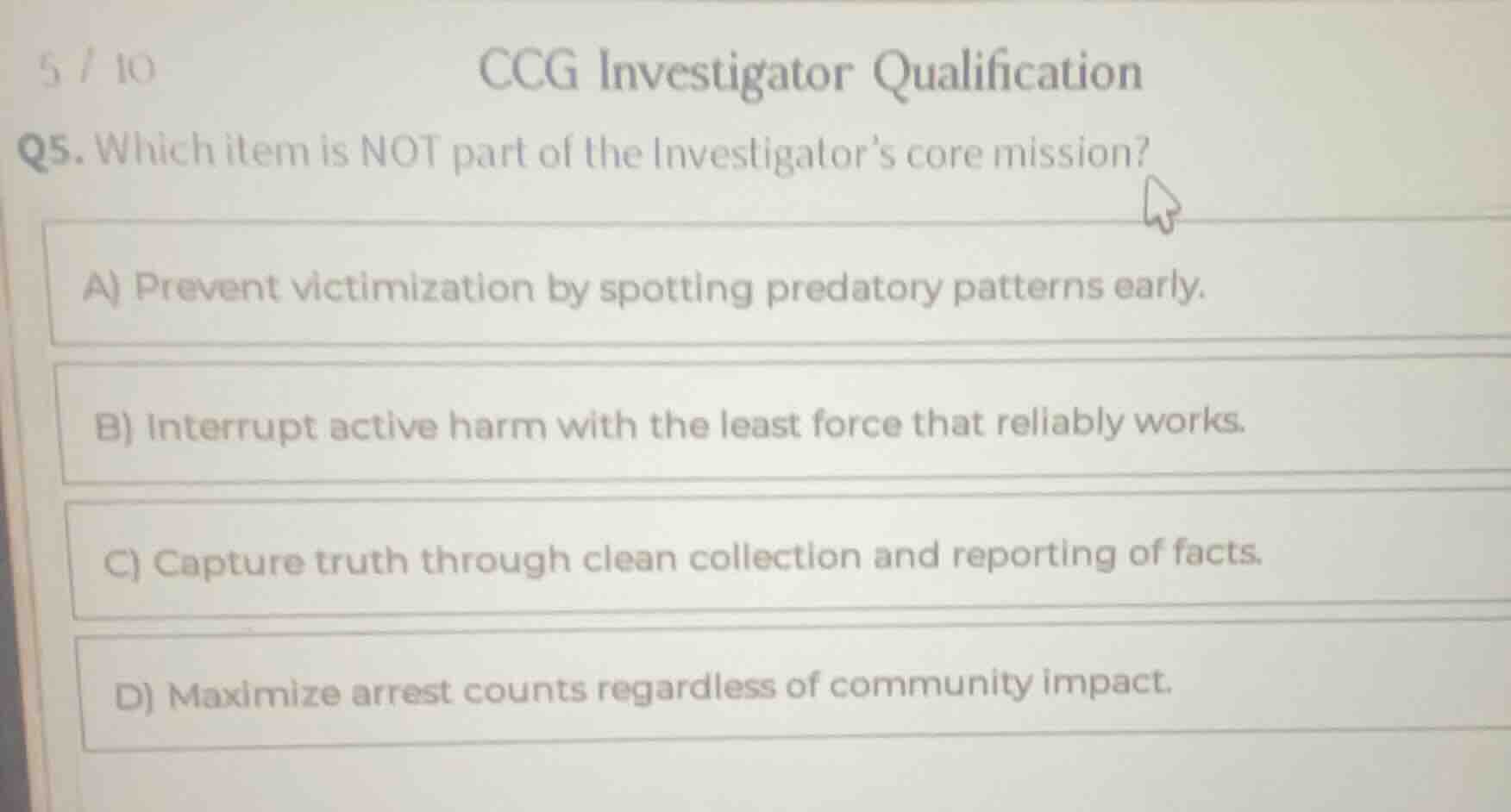 5 / 10 ccg investigator qualification q5. which item is not part of the…