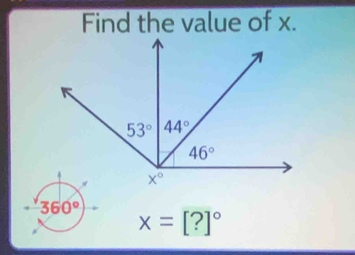 find the value of x. 53° 44° 46° x° 360° x = ?°