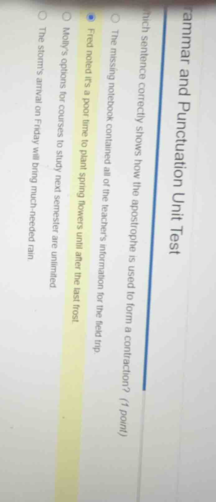 grammar and punctuation unit test which sentence correctly shows how th…