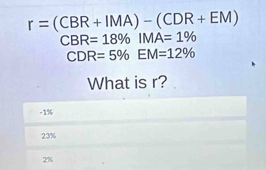 r = (cbr + ima) - (cdr + em) cbr= 18% ima= 1% cdr= 5% em=12% what is r?…
