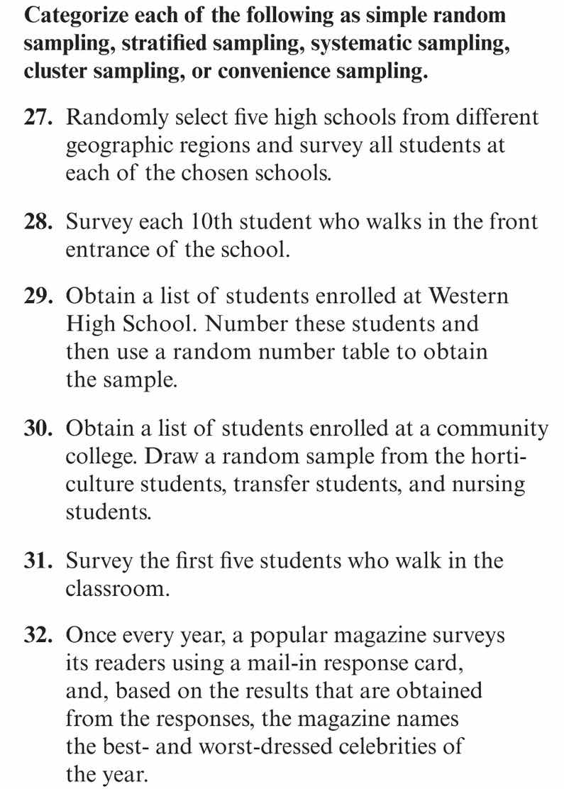 categorize each of the following as simple random sampling, stratified …