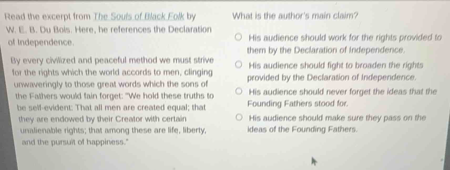 read the excerpt from the souls of black folk by w. e. b. du bois. here…