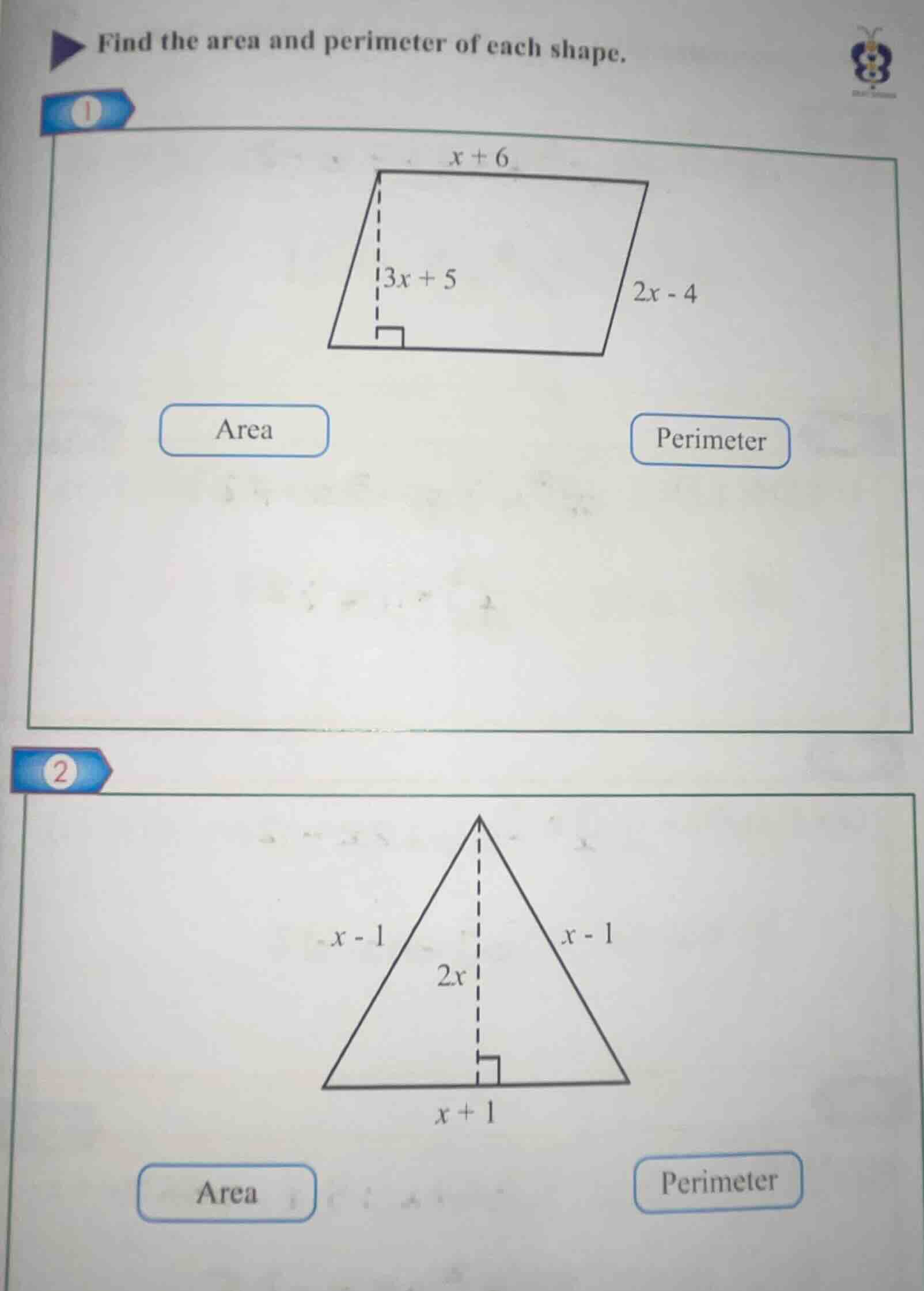 find the area and perimeter of each shape. 1 diagram of a parallelogram…