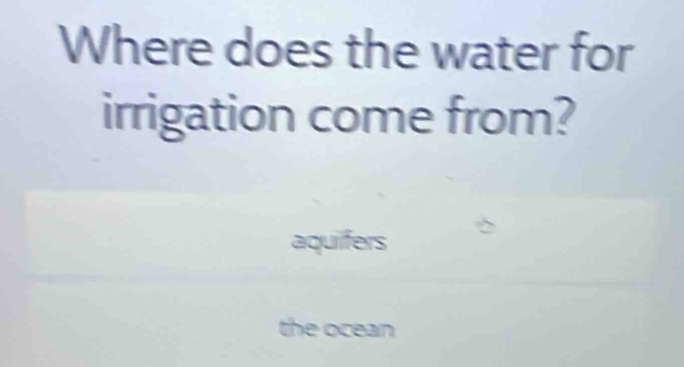 where does the water for irrigation come from? aquifers the ocean