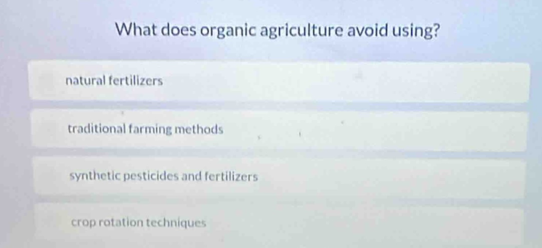 what does organic agriculture avoid using? natural fertilizers traditio…
