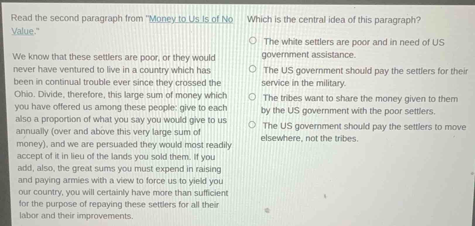 read the second paragraph from \money to us is of no value.\ we know th…