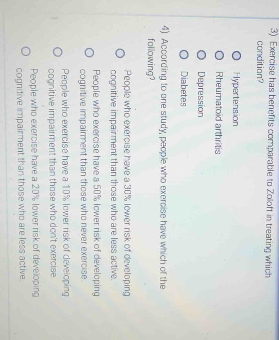 3) exercise has benefits comparable to zoloft in treating which conditi…