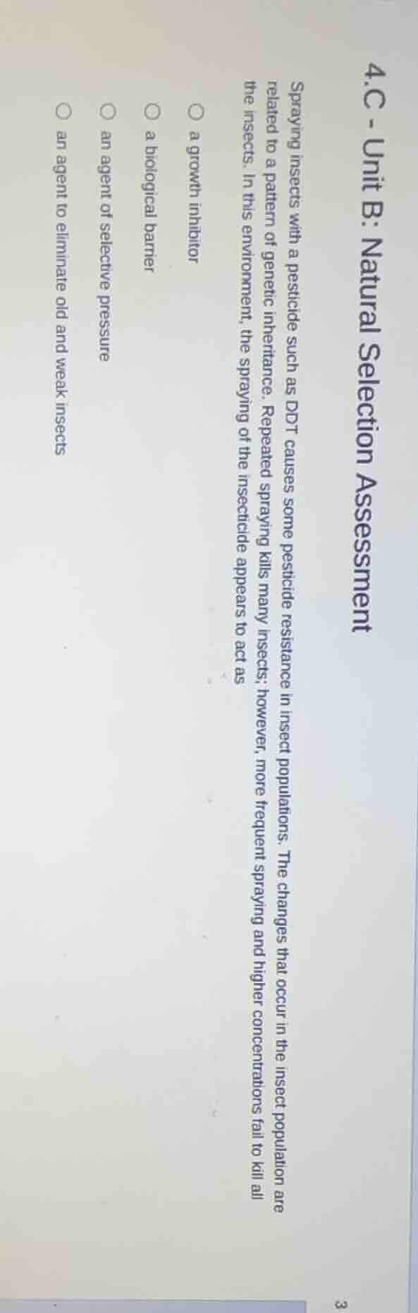 4.c - unit b: natural selection assessment spraying insects with a pest…