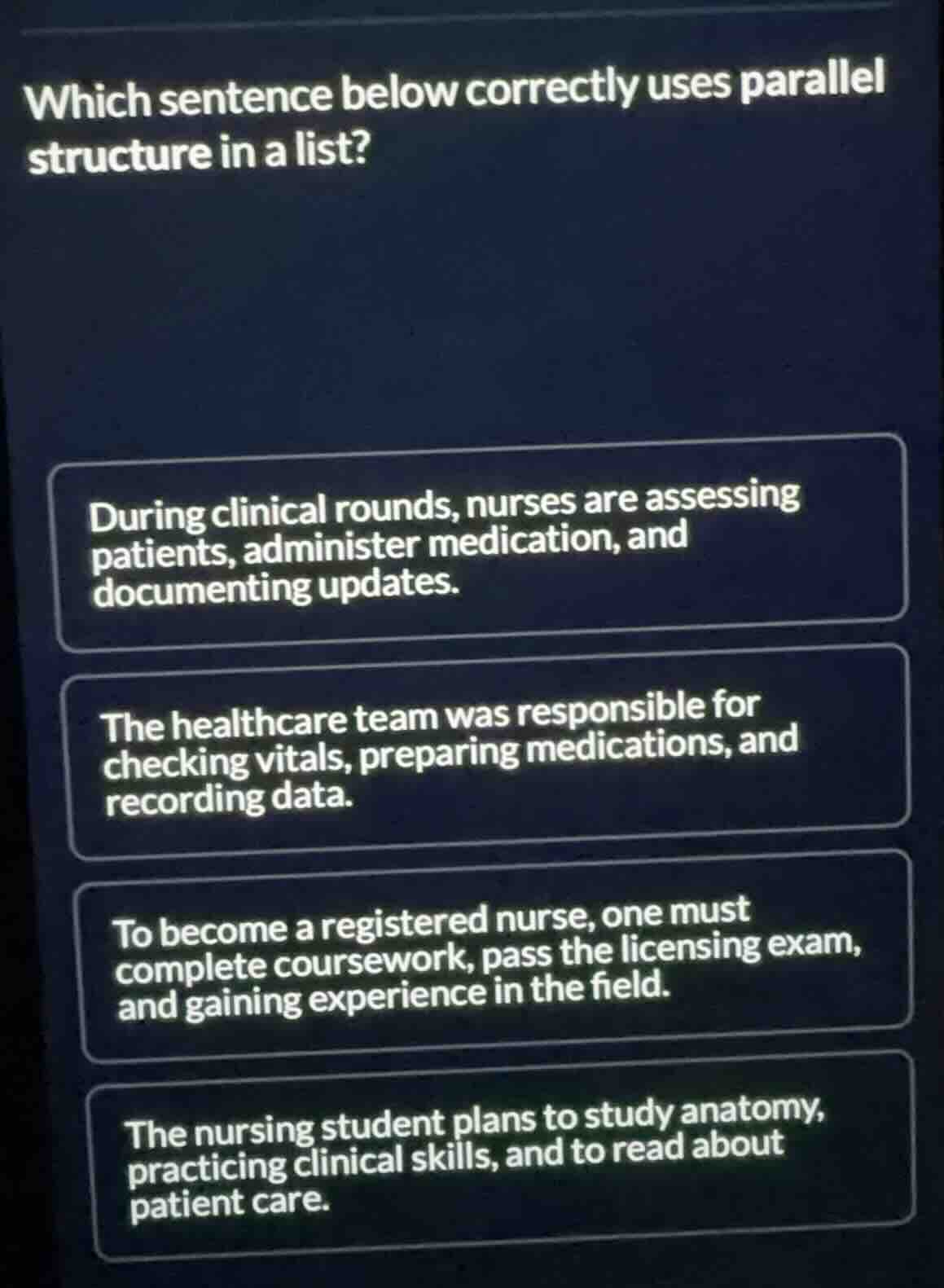 which sentence below correctly uses parallel structure in a list? durin…