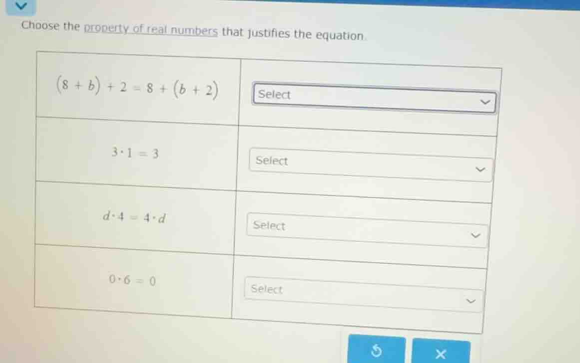 choose the property of real numbers that justifies the equation. | $(8 …