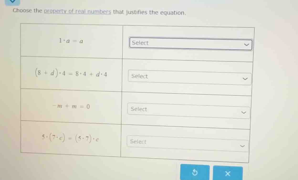 choose the property of real numbers that justifies the equation. | $1 \…