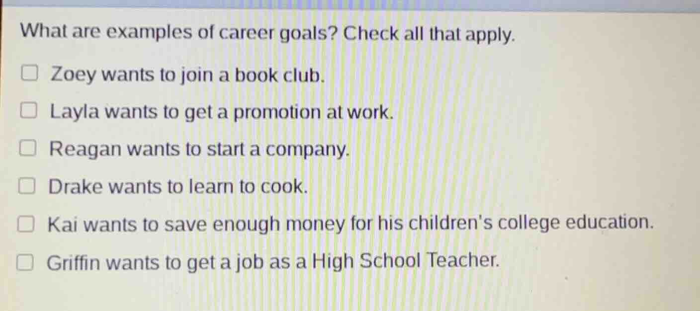 what are examples of career goals? check all that apply. zoey wants to …