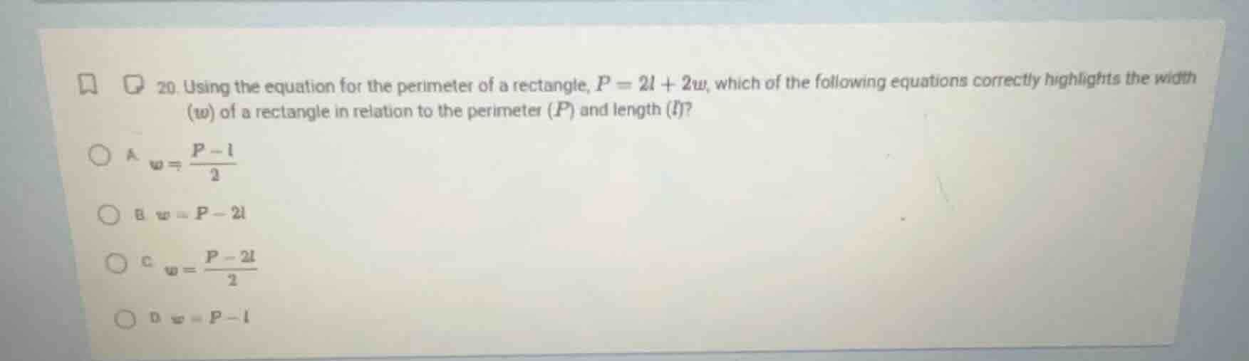 20. using the equation for the perimeter of a rectangle, $p = 2l + 2w$,…