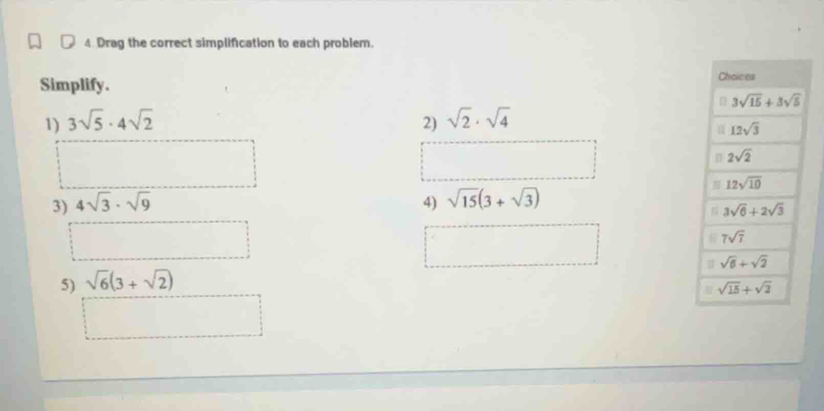 4. drag the correct simplification to each problem. simplify. 1) $3\\sq…