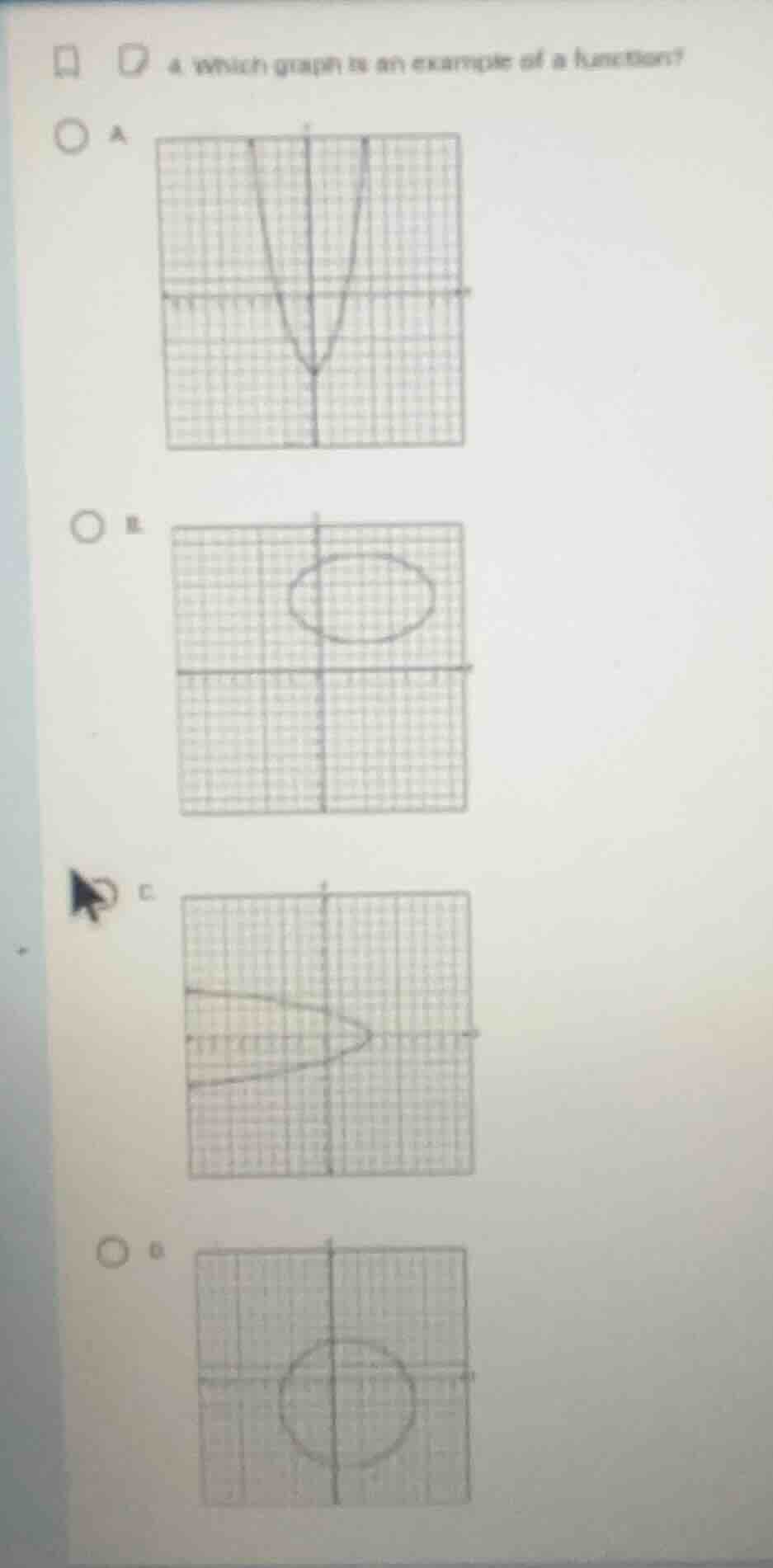 4. which graph is an example of a function? a graph of a parabola openi…
