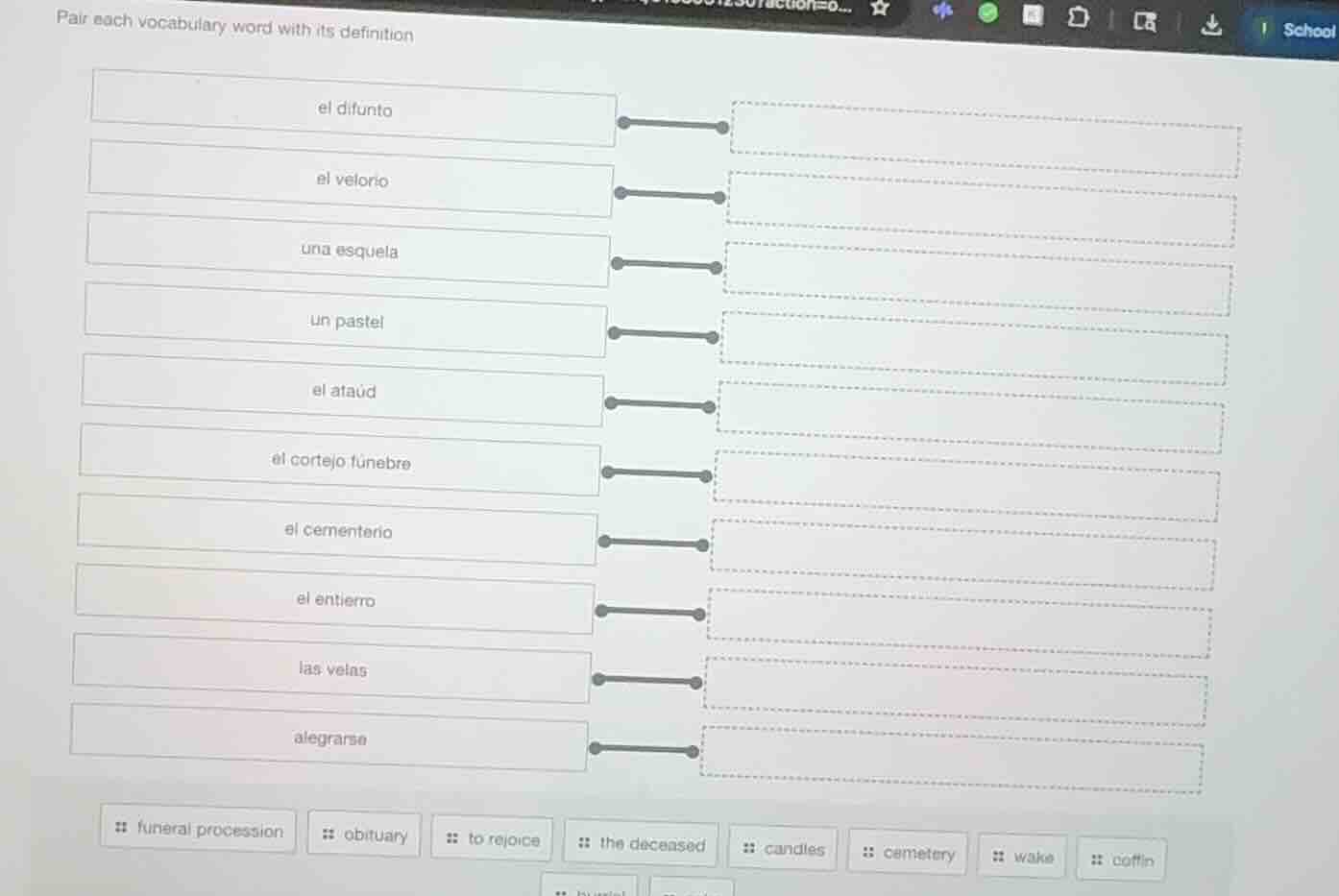 pair each vocabulary word with its definition el difunto el velorio una…