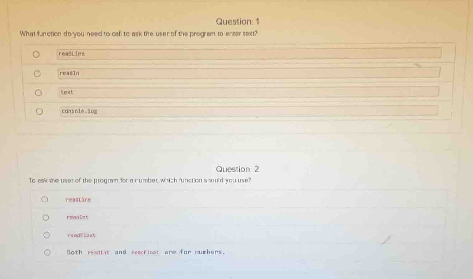 question: 1 what function do you need to call to ask the user of the pr…