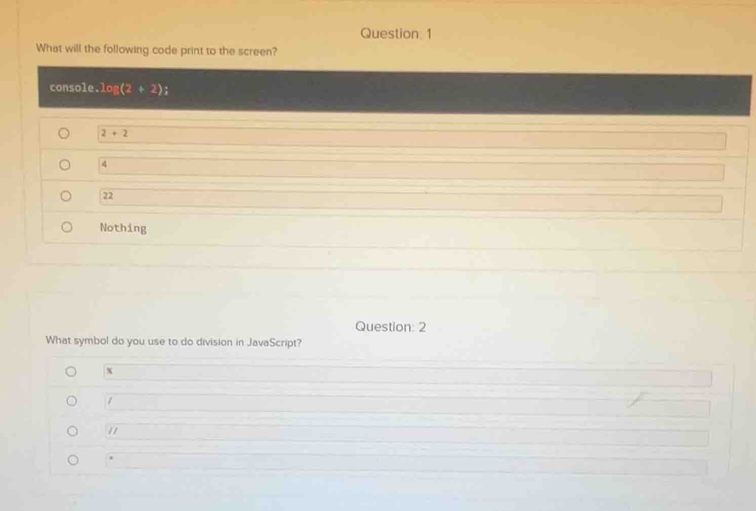 question: 1 what will the following code print to the screen? console.l…