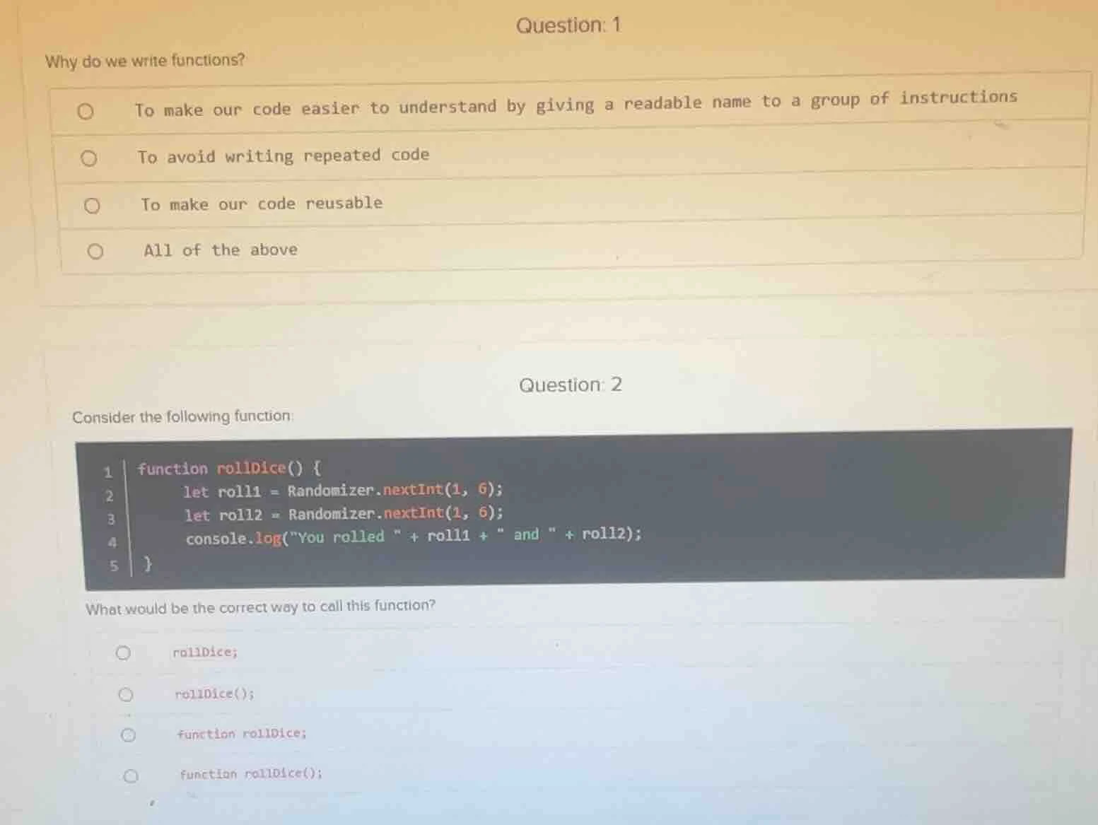 question: 1 why do we write functions? - to make our code easier to und…
