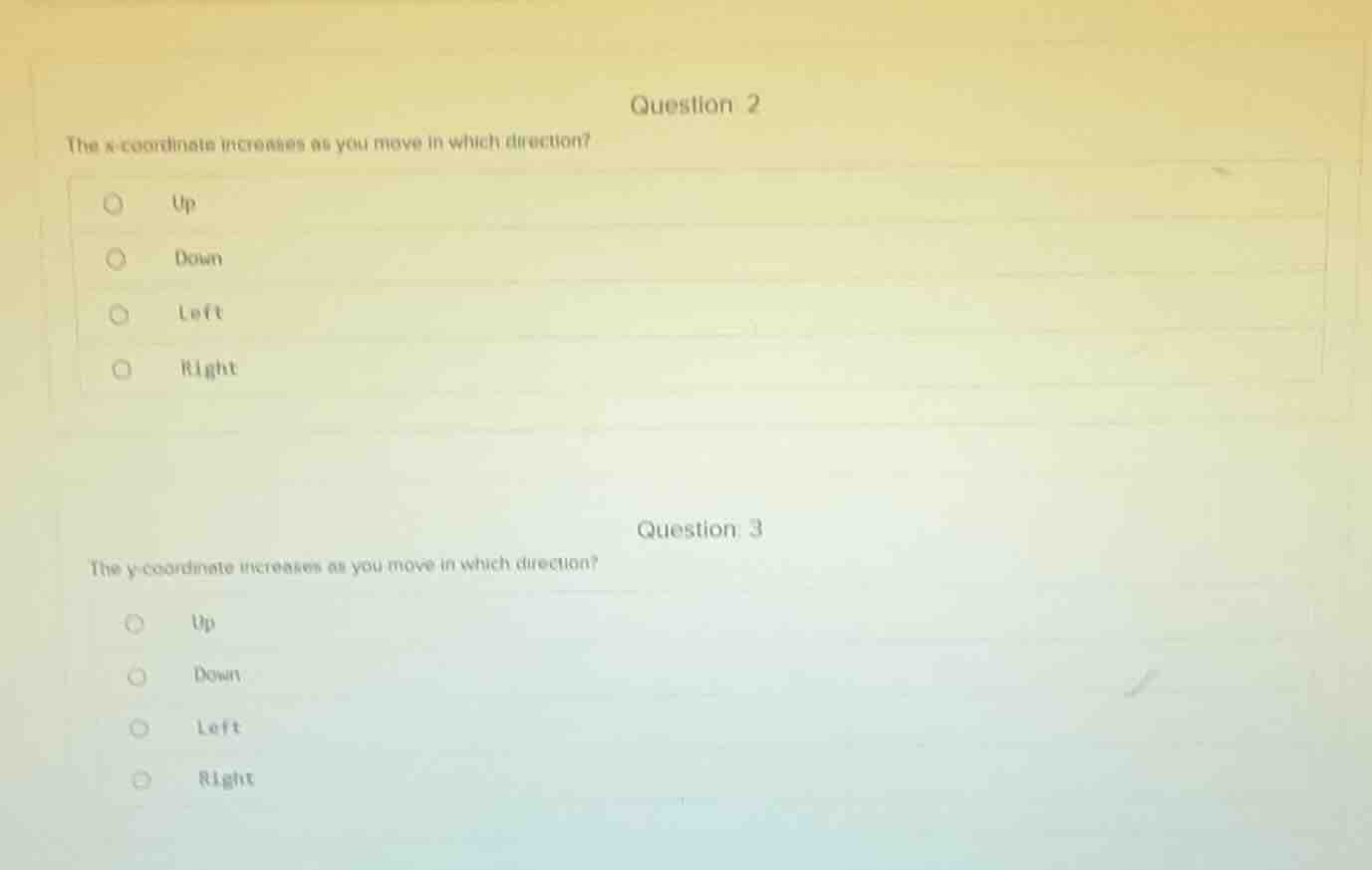 question 2 the x - coordinate increases as you move in which direction?…