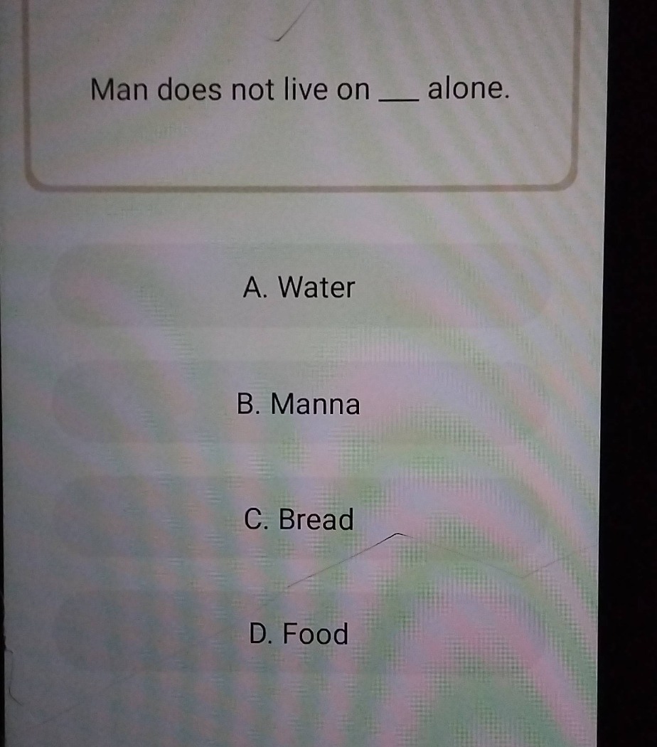 man does not live on ___ alone. a. water b. manna c. bread d. food