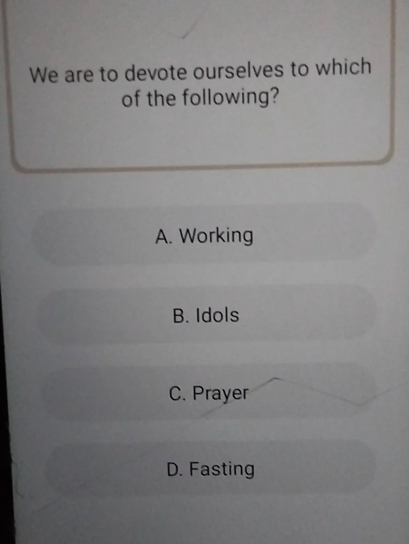 we are to devote ourselves to which of the following? a. working b. ido…