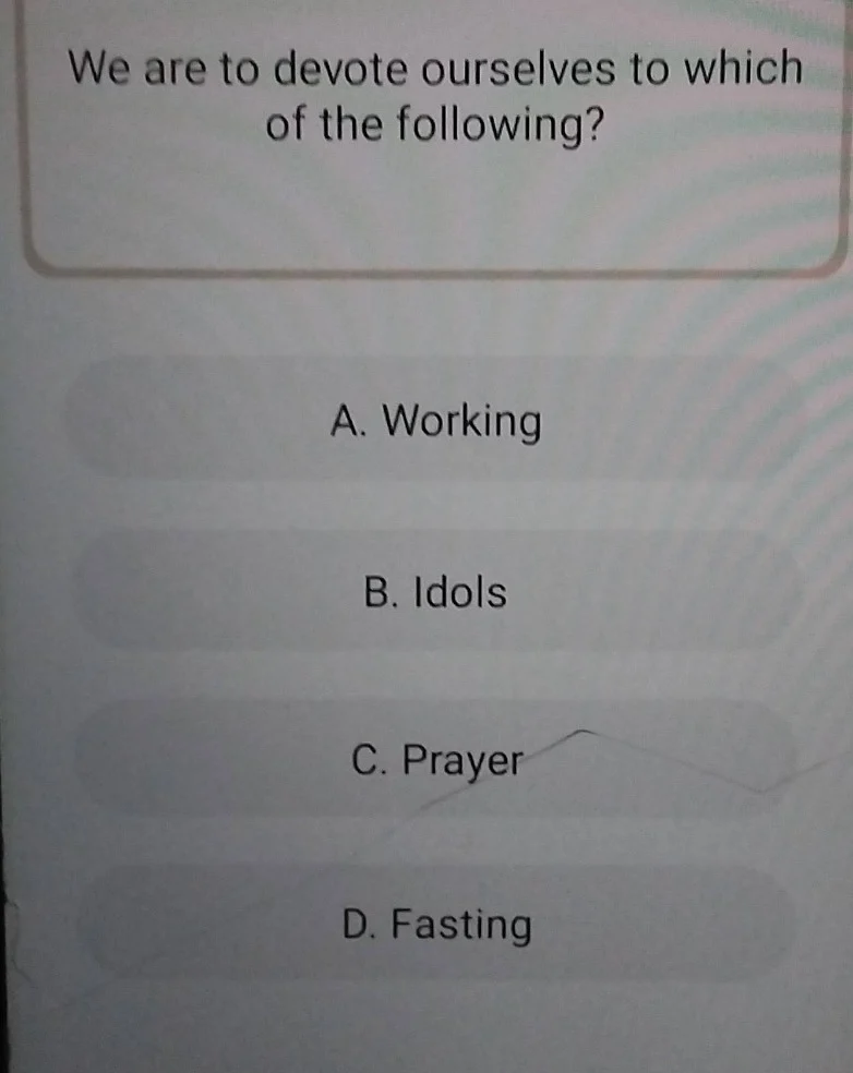 we are to devote ourselves to which of the following? a. working b. ido…