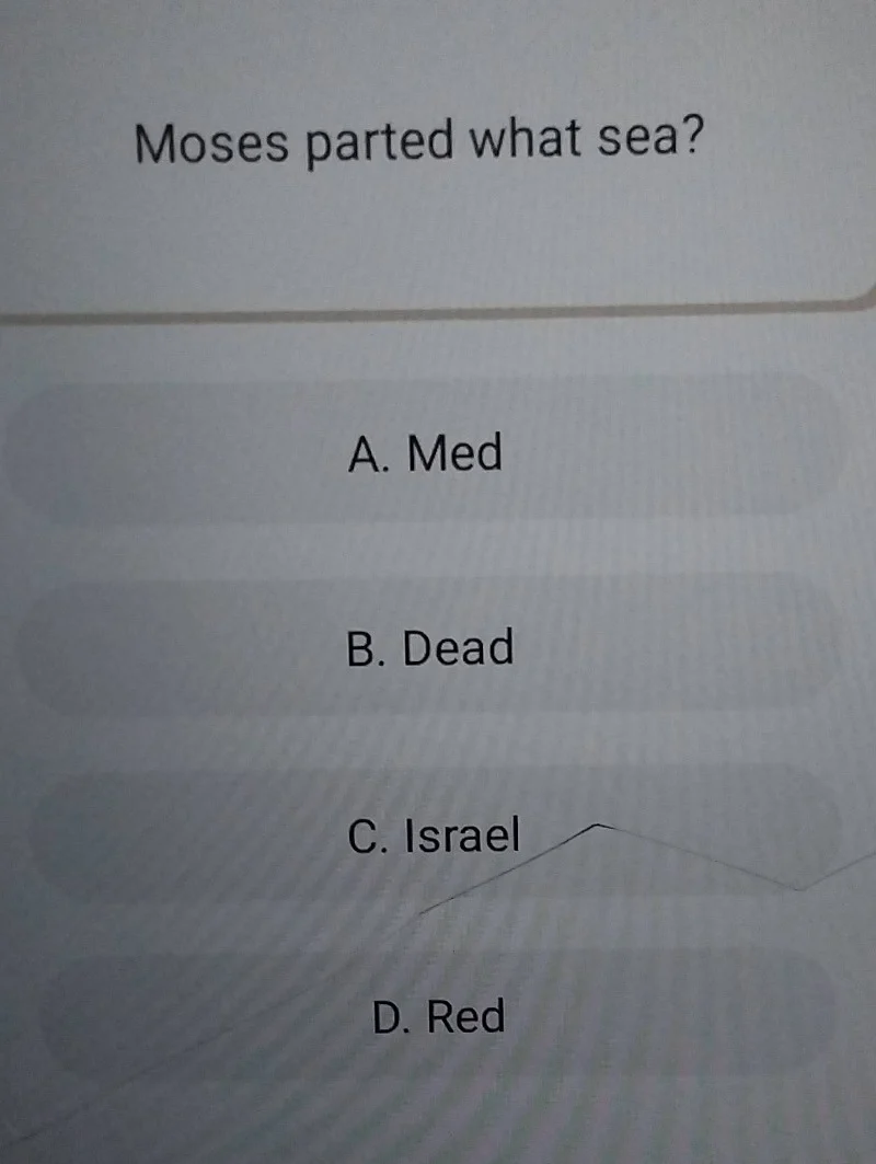 moses parted what sea? a. med b. dead c. israel d. red