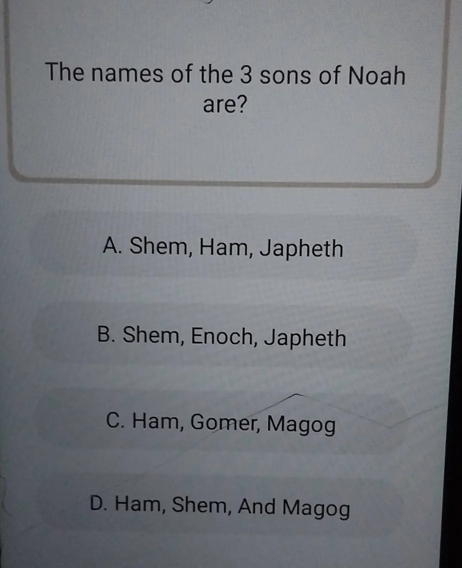 the names of the 3 sons of noah are? a. shem, ham, japheth b. shem, eno…