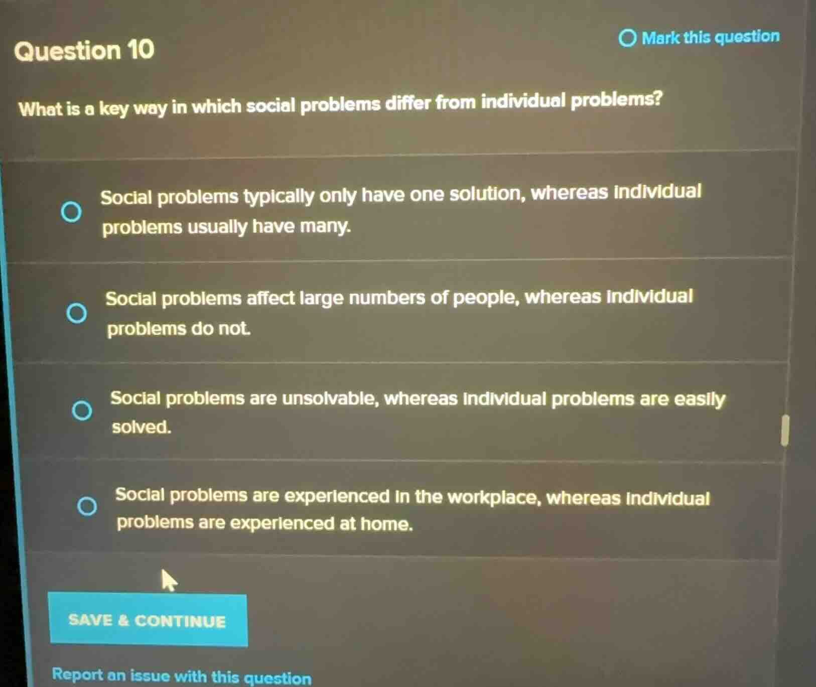question 10 what is a key way in which social problems differ from indi…