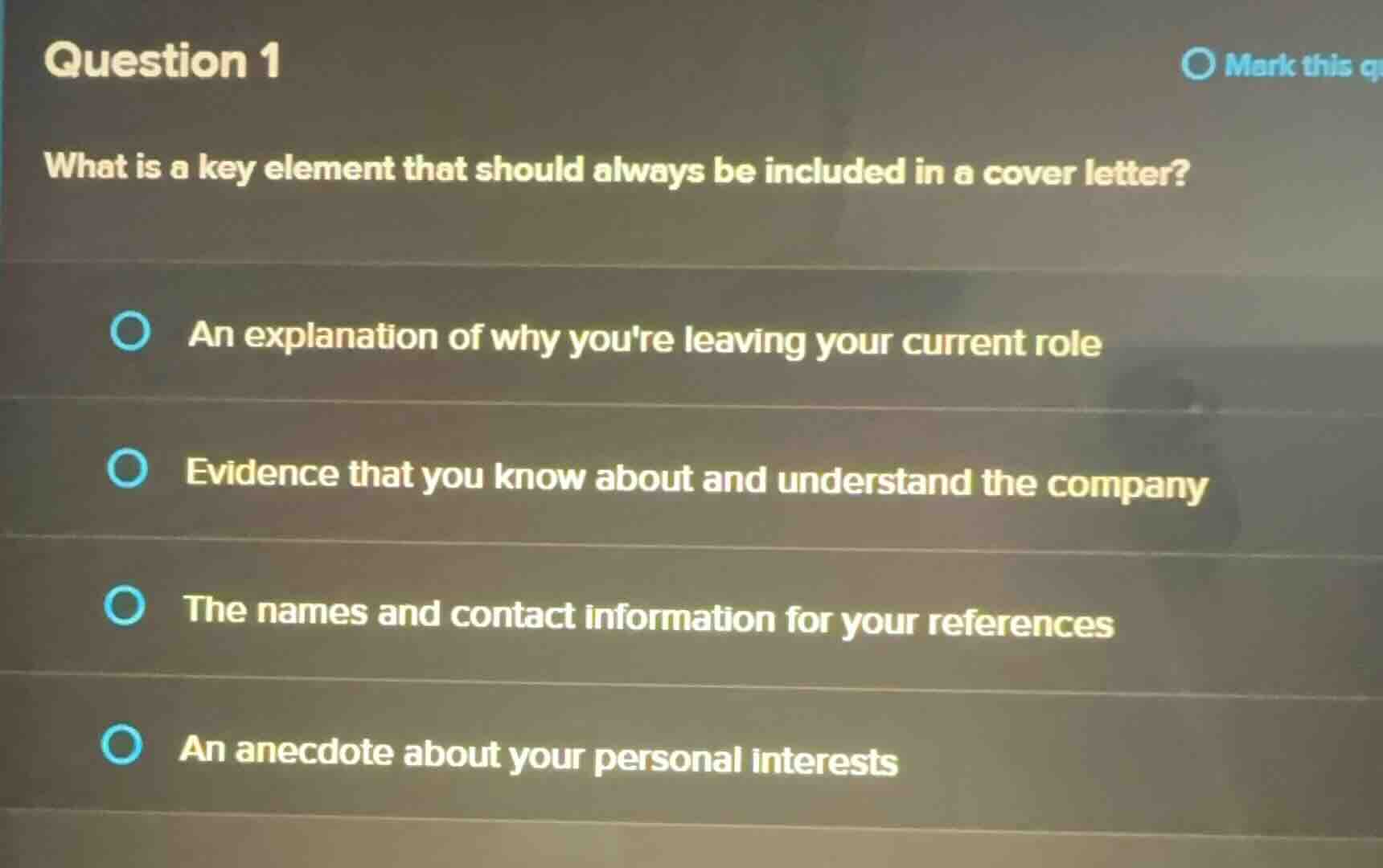question 1 what is a key element that should always be included in a co…