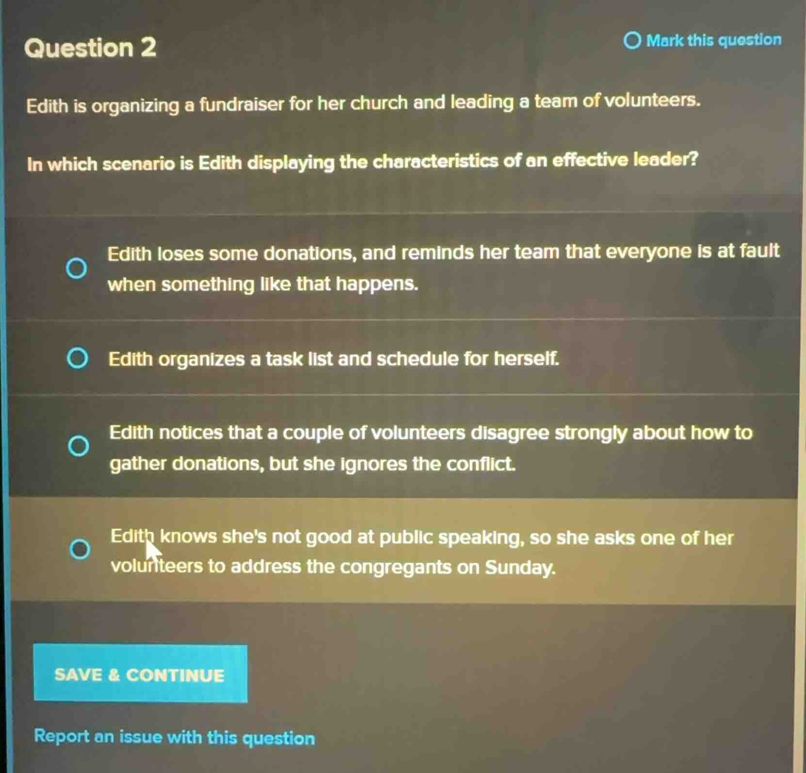 question 2 edith is organizing a fundraiser for her church and leading …