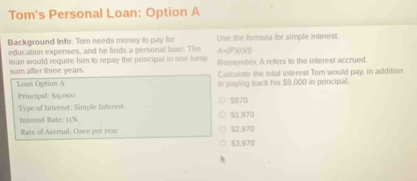 toms personal loan: option a background info: tom needs money to pay fo…